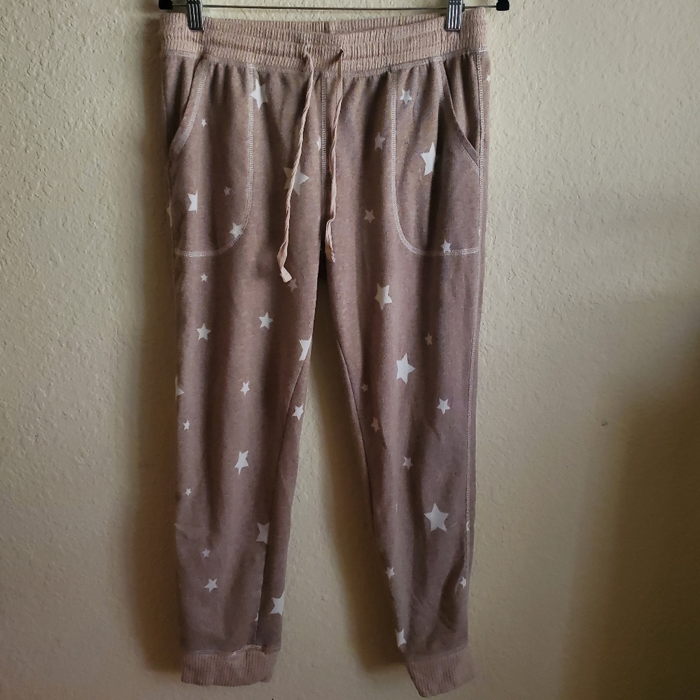 Live Love Lounge Tan White Star Jogger Drawstring Pajama Pants Large Comfort Laz